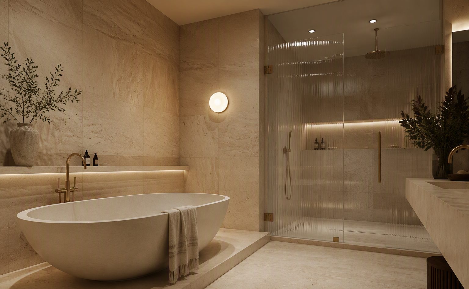 Spa-like bathroom in large-format travertine with brass fittings, concept showcase imagery.