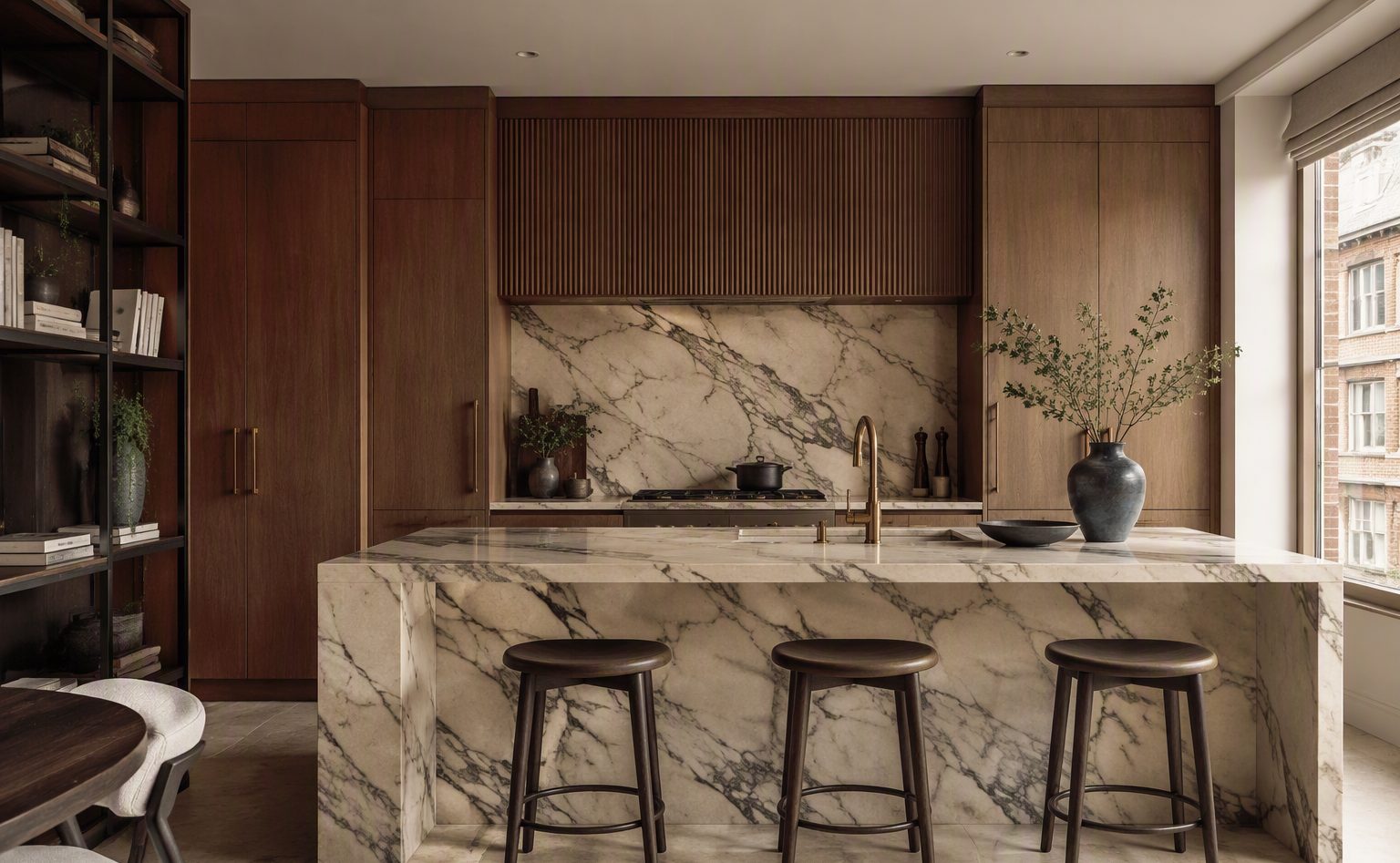 Concept showcase — luxury kitchen with marble island and warm oak cabinetry