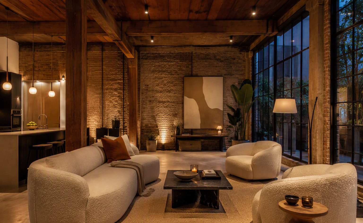 Concept showcase — refurbished loft living space with exposed brick and steel windows