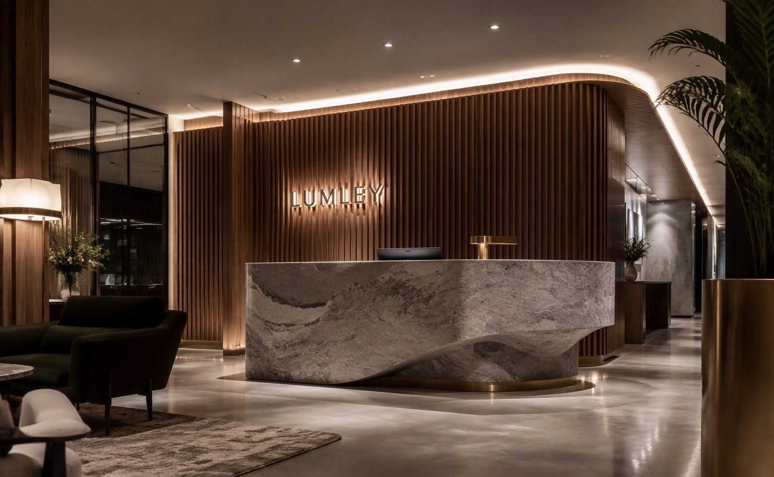 Concept showcase — premium office reception fit-out with stone desk and timber slat wall