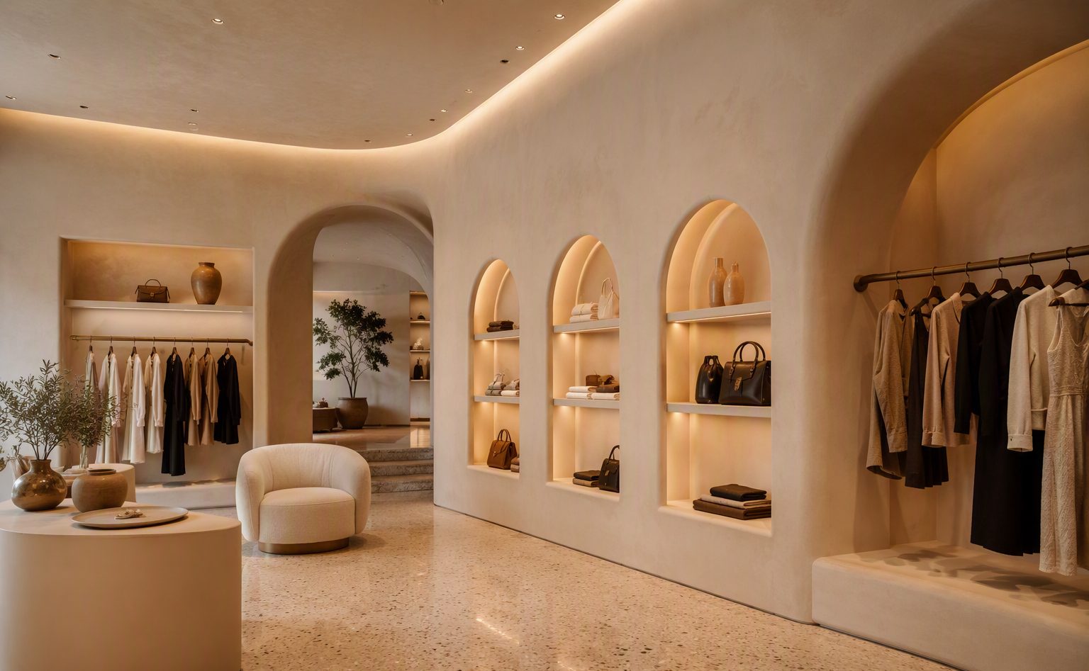 High-end retail fit-out with curved plaster walls, arched niches and terrazzo floors, concept showcase imagery.